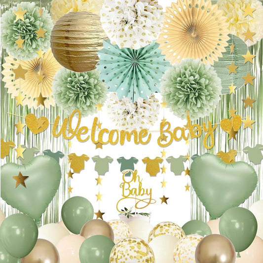 Sage Green Baby Shower Decorations - Gender Neutral Baby Shower Decor Set with Welcome Baby Banner, Tissue Pom Poms, Paper Lanterns, Flower Fans, Balloons, "Oh Baby" Cake Topper & Star Garland