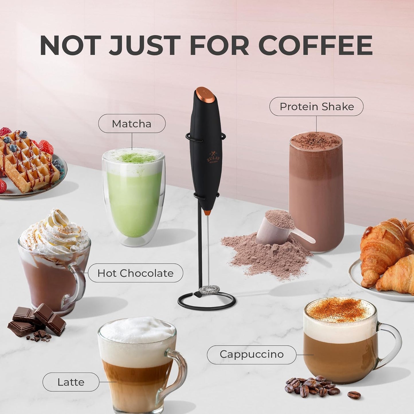 Zulay Kitchen Milk Frother Wand - Ultra-Fast Handheld Electric Whisk for Coffee & Lattes - Black Copper