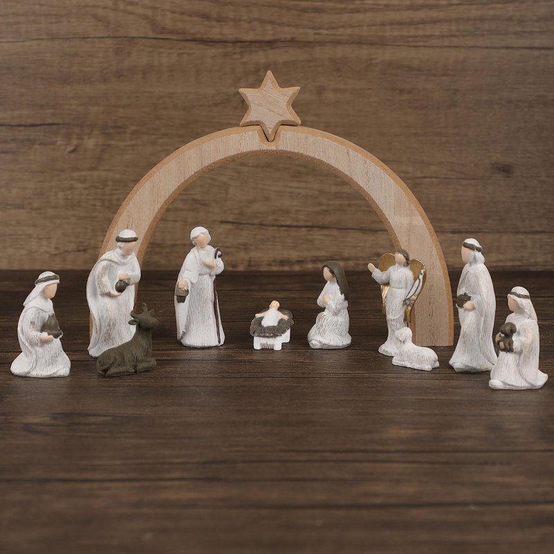 Treewoll 11 Pcs Christmas Scene Nativity Set, Holy Family Scene with Wooden Arched Stable and Resin Figurines Including Baby Jesus, Mary, Joseph and More, Religious Collections for Home Tabletop Decor
