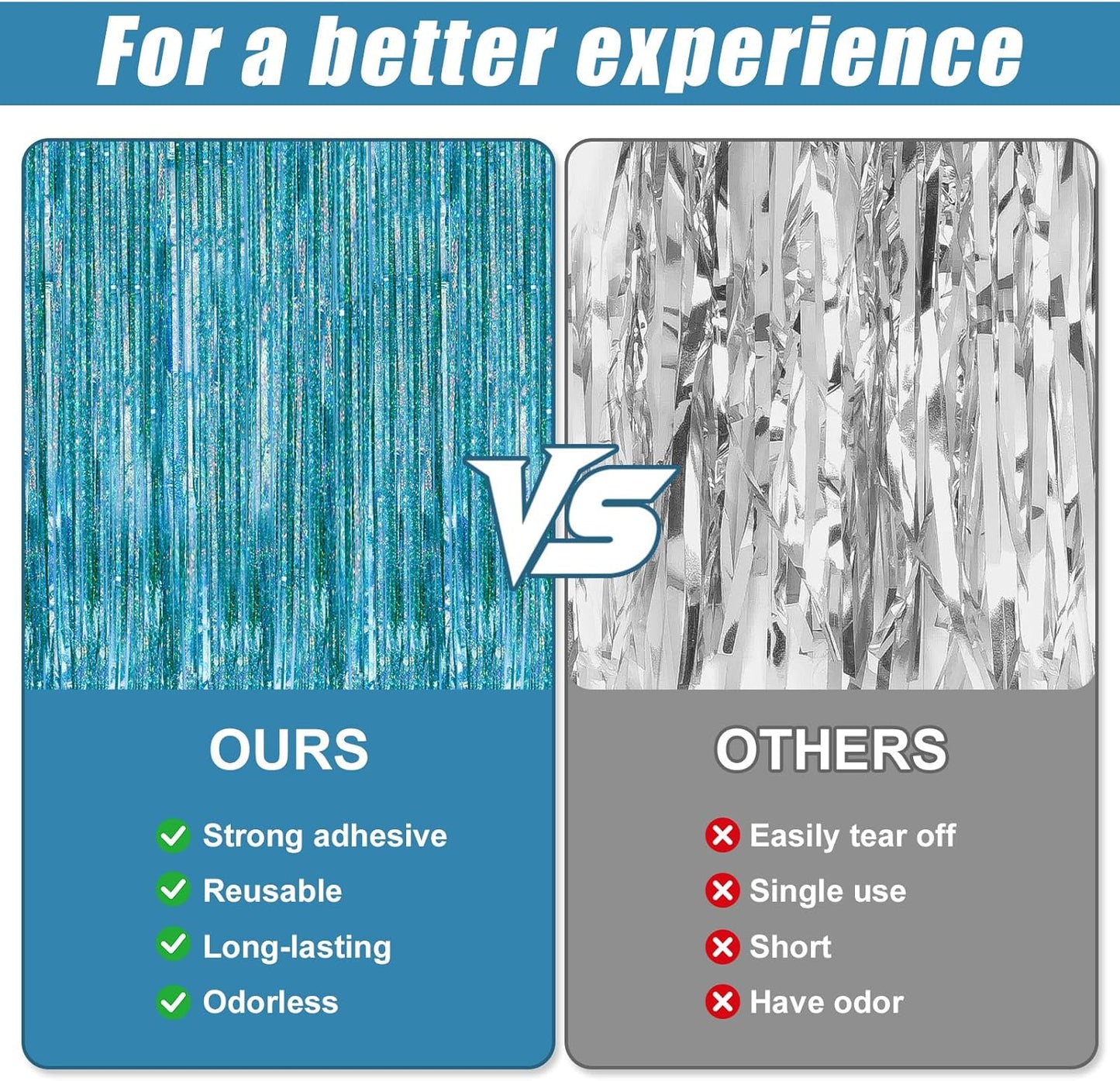 Skiennix Laser Blue Foil Fringe Curtains - 2 Pack Tinsel Backdrop for Parties | 3.3 x 8.2 ft