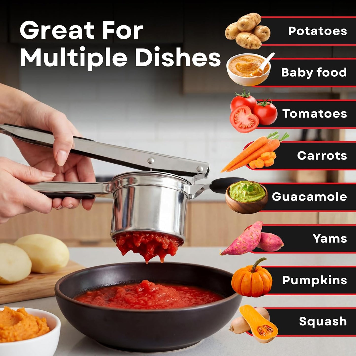 Professional 430 Stainless Steel Potato Ricer - Large 15oz Masher for Fluffy Potatoes, Gnocchi & Baby Food - Ergonomic Non-Slip Handles, Dishwasher Safe
