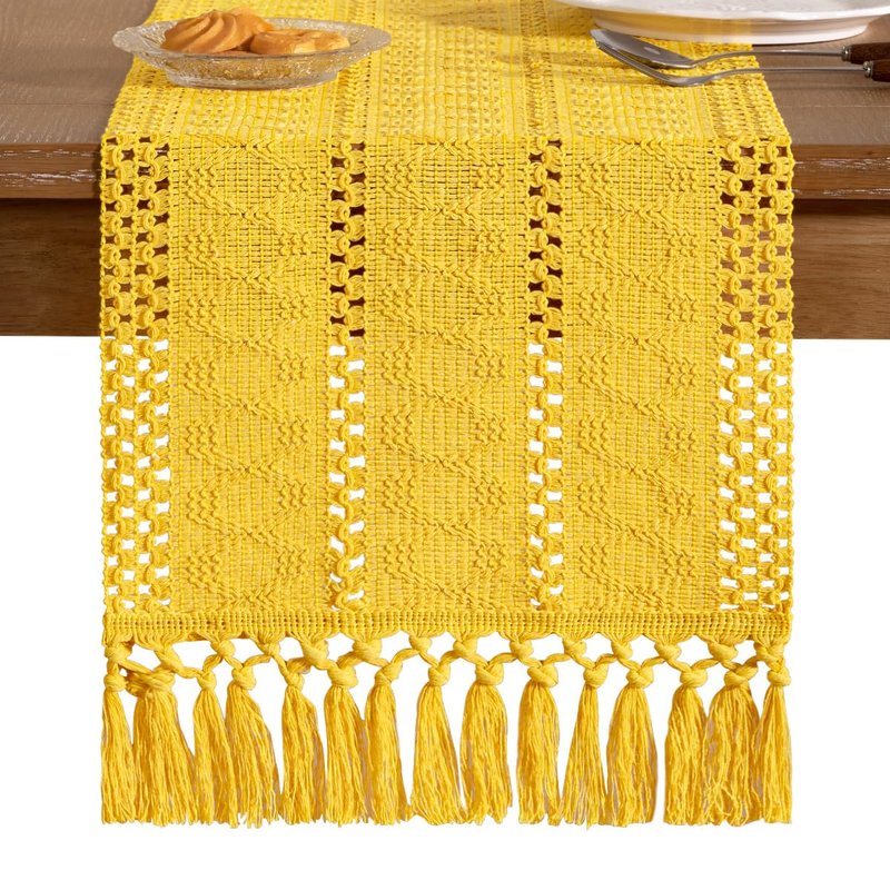 Socomi Boho Table Runner Summer Farmhouse Rustic Dining Kitchen Centerpiece Decor Small Macrame Woven Cotton Linen Coffee Table Runner for Dresser Scarf Home Decor 12x48 in Yellow Gold