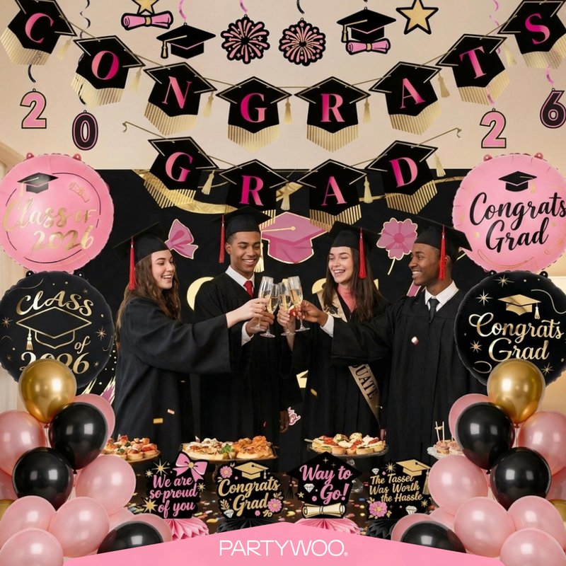 PartyWoo Graduation Decorations Class of 2026 Black Pink Gold 40pcs Grad Party Supplies with Congrats Grad Black Backdrop Banner Hanging Swirls Foil Latex Balloons Graduation Cap Centerpieces Party
