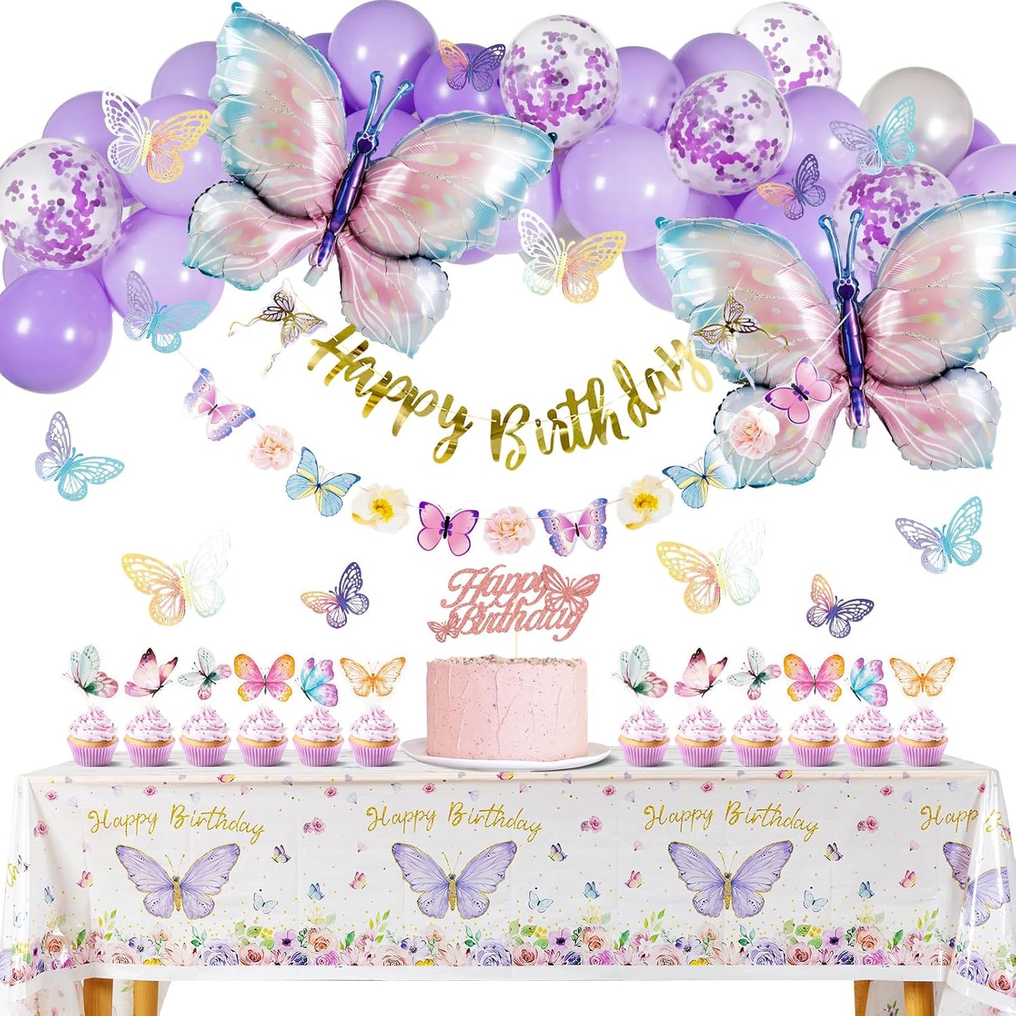 Butterfly Birthday Decoration - Purple Party Decor with Balloons & Happy Birthday Banner | 3D Stickers & Tablecloth
