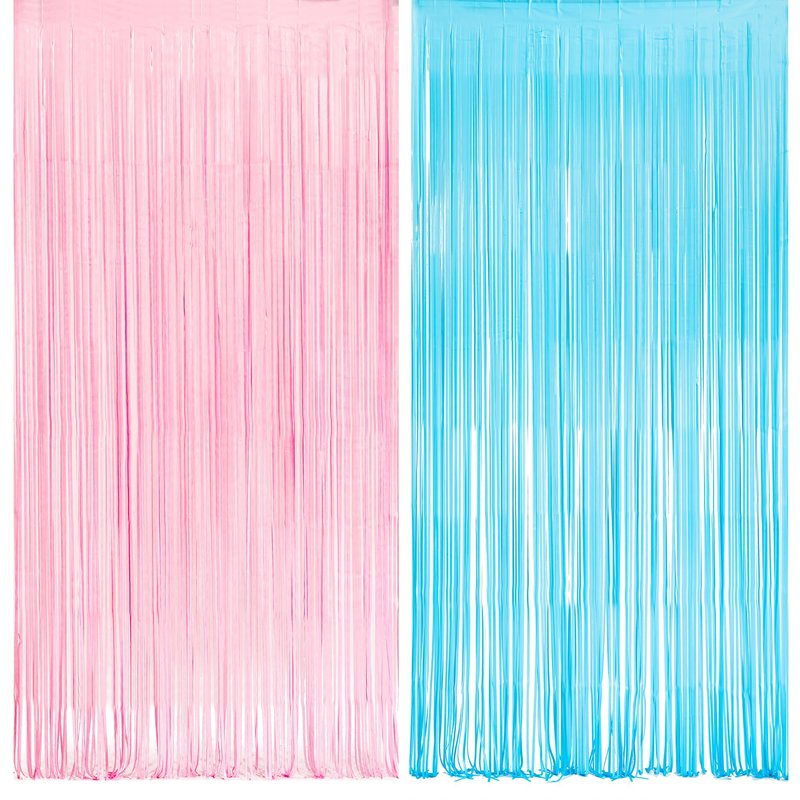 Pink and Blue Party Photo Backdrop - GREATRIL Foil Fringe Tinsel Streamers for Gender Reveal/Pastel/Easter/Birthdays Party Decorations - 3.2ft X 8.2ft - 2 Packs