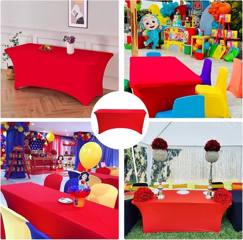 JALANCY 2 Pack 6FT Spandex Table Covers Washable Wrinkle Resistant Stretch Table Cloth for Folding Table Wedding Party Birthday Banquet Bar Events（Red）
