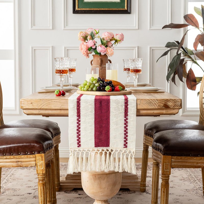 Fancy Homi Burgundy Table Runner 72 Inches Long Boho Macrame Christmas Table Runner for Home Decor, Farmhouse Table Runners with Tassels for Party Rustic Bridal Shower Dining Decor 12x72 Inches