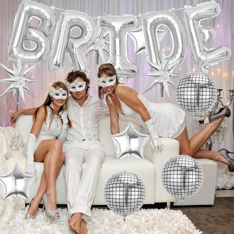 Silver Bride Balloons Bachelorette Party Decorations, 32in Silver Giant Bride Balloons with 4D Disco Ball Balloon and Star Foil Balloon for Bridal Shower Wedding Engagement Party Supplies
