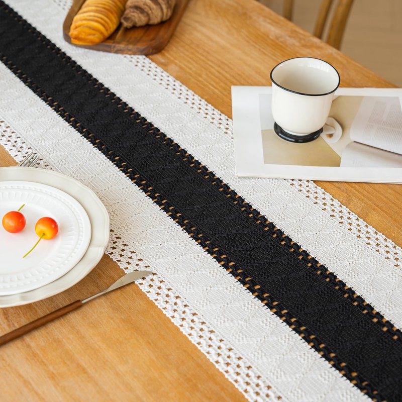 FEXIA Boho Table Runner for Home Decor with Tassels 36 Inches Long,Black Farmhouse Rustic Table Runner Macrame Burlap Table Decoration for Living Room Bridal Shower(12x36 Inches)