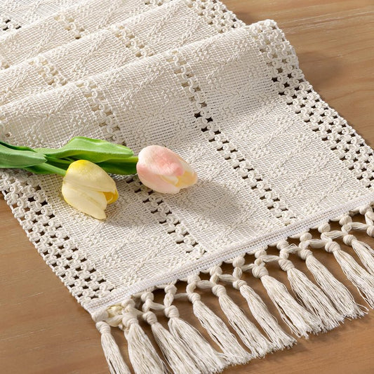Socomi Boho Table Runner Macrame Long Summer Farmhouse Woven Cotton Linen Rustic Coffee Table Runner with Tassels for Dresser Scarf Home Decor Dining Room 12x108 inch Beige