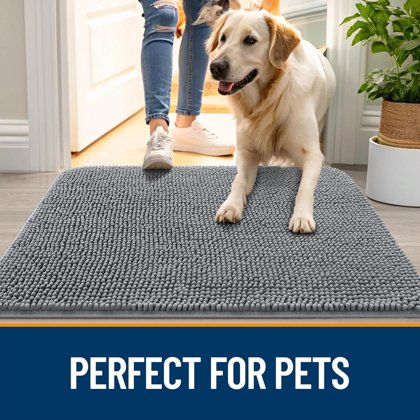 OLANLY Dog Door Mat - Absorbent Non-Slip Chenille for Muddy Paws | 48x30 Inches, Quick Dry, Grey