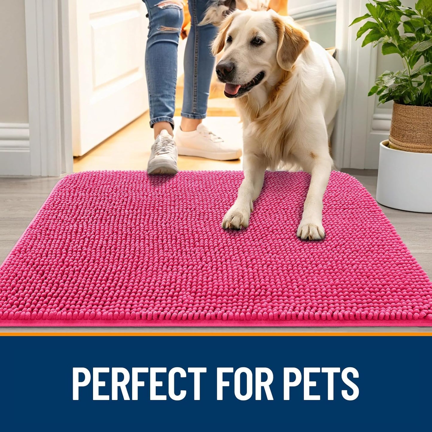 OLANLY Dog Door Mat - Absorbent Non-Slip Chenille Mud Mat for Muddy Paws | 59x20, Hot Pink