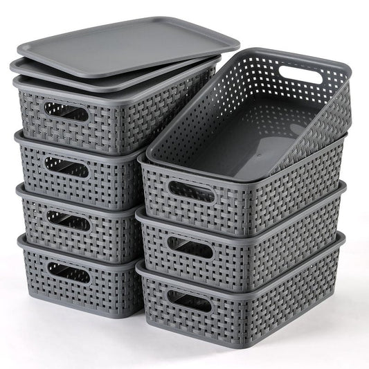 NETANY [ 8 Pack ] Plastic Storage Baskets With Lids, Small Pantry Organization, Stackable Storage Bins, Household Organizers for Cabinets, Countertop, Drawers, Under Sink or On Shelves,Gray