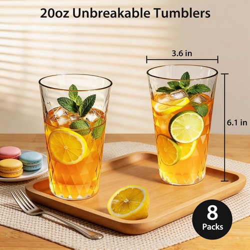 Freshmage 20 oz Unbreakable Plastic Drinking Glasses - BPA Free, Microwave Safe, Stackable | 8 Pack for Home & Outdoor Use