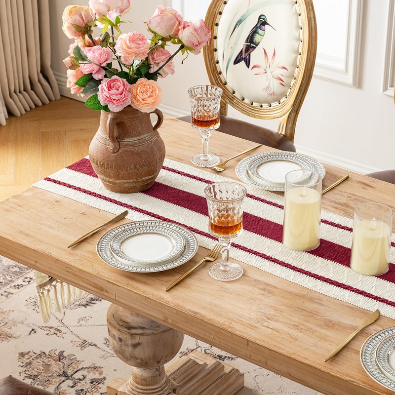 Fancy Homi Burgundy Table Runner 72 Inches Long Boho Macrame Christmas Table Runner for Home Decor, Farmhouse Table Runners with Tassels for Party Rustic Bridal Shower Dining Decor 12x72 Inches