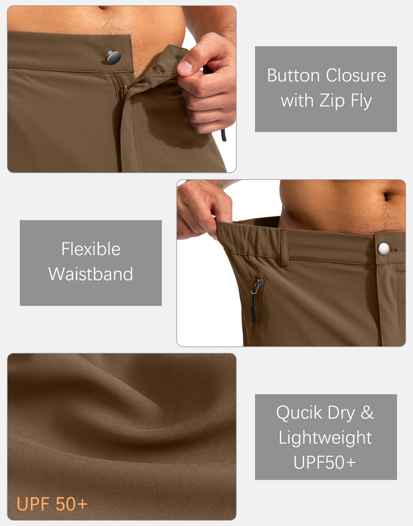 Pudolla Men's Hiking Cargo Shorts 9" Lightweight Outdoor Work Shorts for Men Travel Golf Camping Casual with 5 Zipper Pockets(Brown Small)