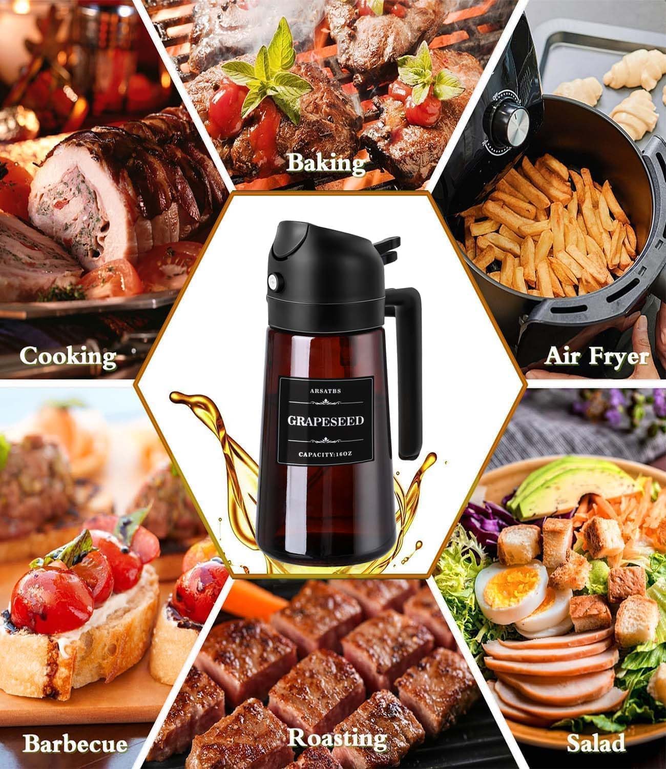 Skiennix 16oz Olive Oil Sprayer - 2-in-1 Dispenser Bottle for Cooking & Salad | Premium Dark Brown Glass