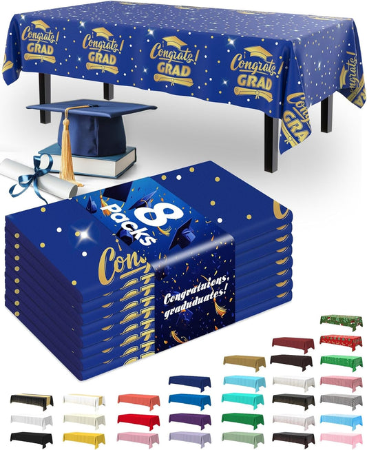 Pureegg Graduation Tablecloths - Disposable Plastic Covers for Class of 2026 | 54 x 108 Inch, Blue, 8 Pack