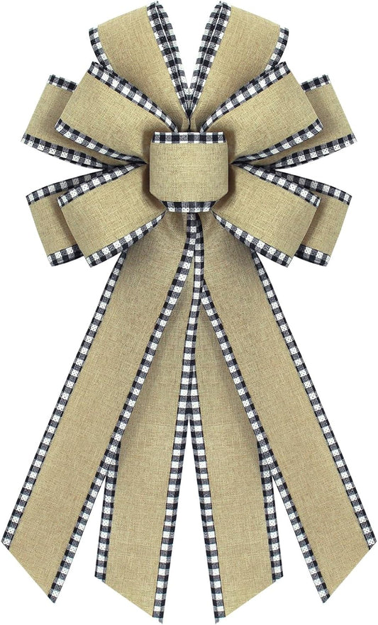 Regine Switzerland Natural Burlap Wreath Bow - Buffalo Plaid Edge for Wedding & Home Decor