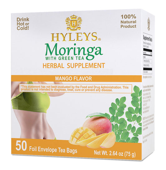 HYLEYS Moringa and Mango Green Tea, 50 Individually Wrapped Tea Bags - Dried Moringa Oleifera Leaves - No Artificial Flavors or Preservatives, Natural - Kosher & Vegan