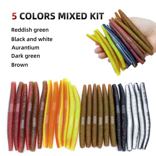 Bnqoe 30Pcs 4'' Wacky Worms Soft Fishing Lures Worm Soft Plastic Bass Baits Mixed Kit Plastic Worm Stick Baits for Freshwater Saltwater