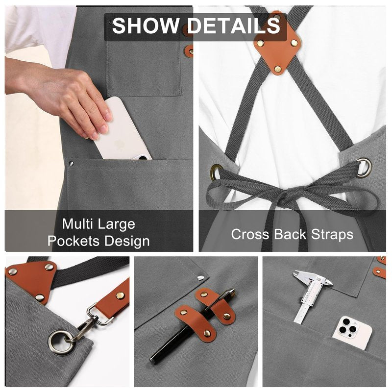 ZOMAO Chef Apron for Women Men with Large Pockets, Cotton Canvas Cross Back Waterproof Work Aprons for Kitchen Cooking Bib (Grey)