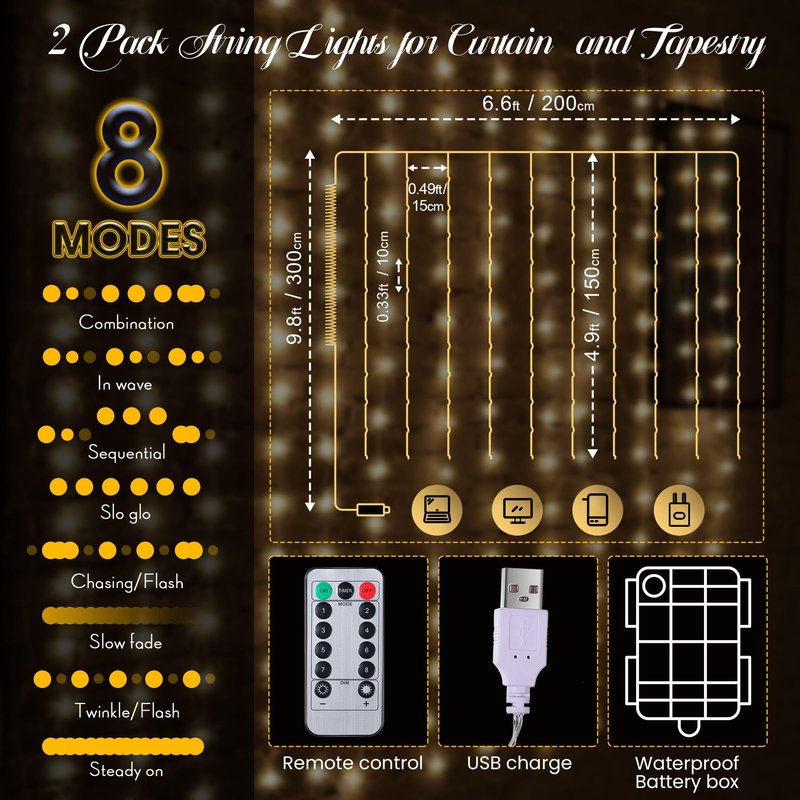 Tuanse 2 Pack 195 LED Curtain Tapestry Lights Backdrop String Lights, 6.5 x 5 Feet Hanging Fairy Curtain Light with 8 Lighting Modes and Remote for Bedroom Window Wall Indoor Outdoor Graduation Decor
