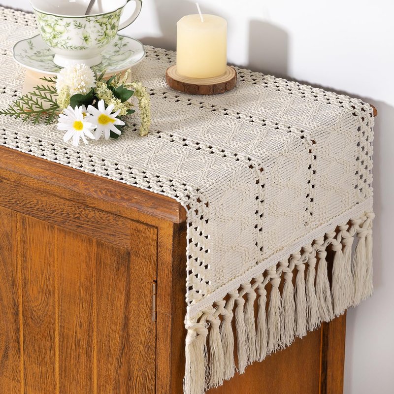 Socomi Boho Table Runner Summer Farmhouse Rustic Dining Kitchen Centerpiece Decor Small Macrame Woven Cotton Linen Coffee Table Runner for Dresser Scarf Home Decor 12x48 inch Beige