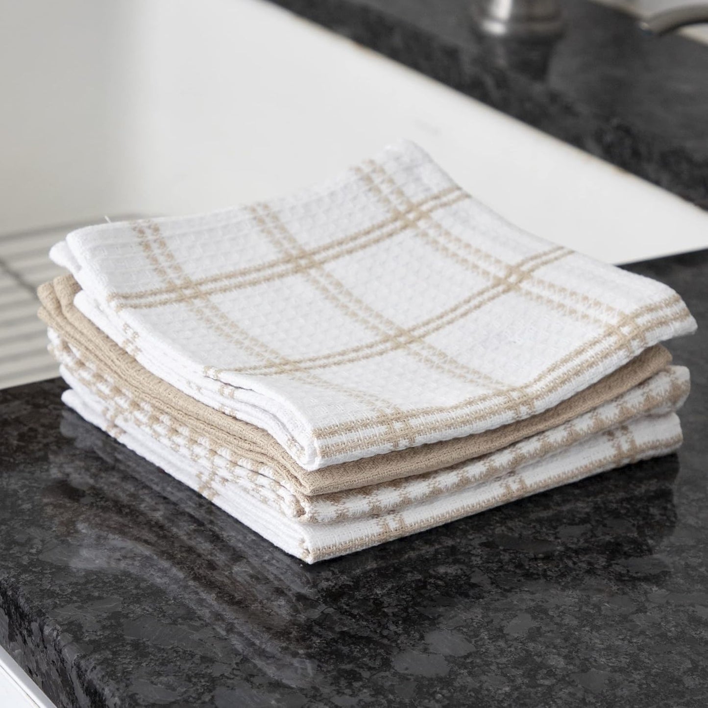 T-Fal Premium Waffle Dish Cloths - Highly Absorbent & Soft 100% Cotton Towels | 12"x13" (4-Pack) in Sand