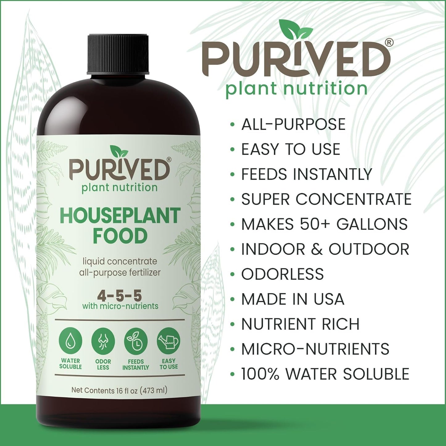 Purived All-Purpose Liquid Plant Fertilizer - Makes 50 Gallons, All-Natural & Groundwater Safe, 16oz