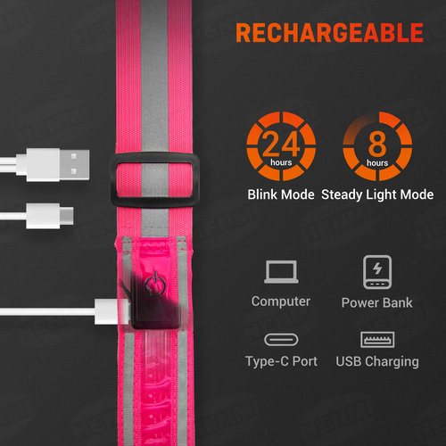 HENMI LED Reflective Belt Sash with Two Arm Reflective Tapes,3 Light Modes Adjustable Length Rechargeable Reflective Running Gear for Men Women Running Cycling Walking and Dog Walking(Pink)