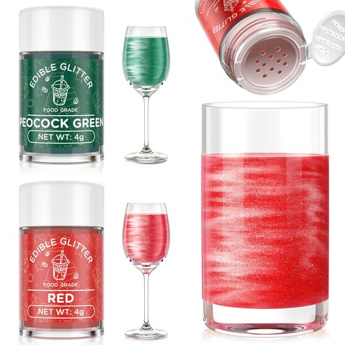 Cherrysea Edible Glitter for Drinks Cocktails Food Grade Edible Drink Shimmer Powder for DIY Champagne Beverages Wine 2 Colors Vegan Edible Luster Dust Set 4g/Bottle Gluten Free - Green+Red