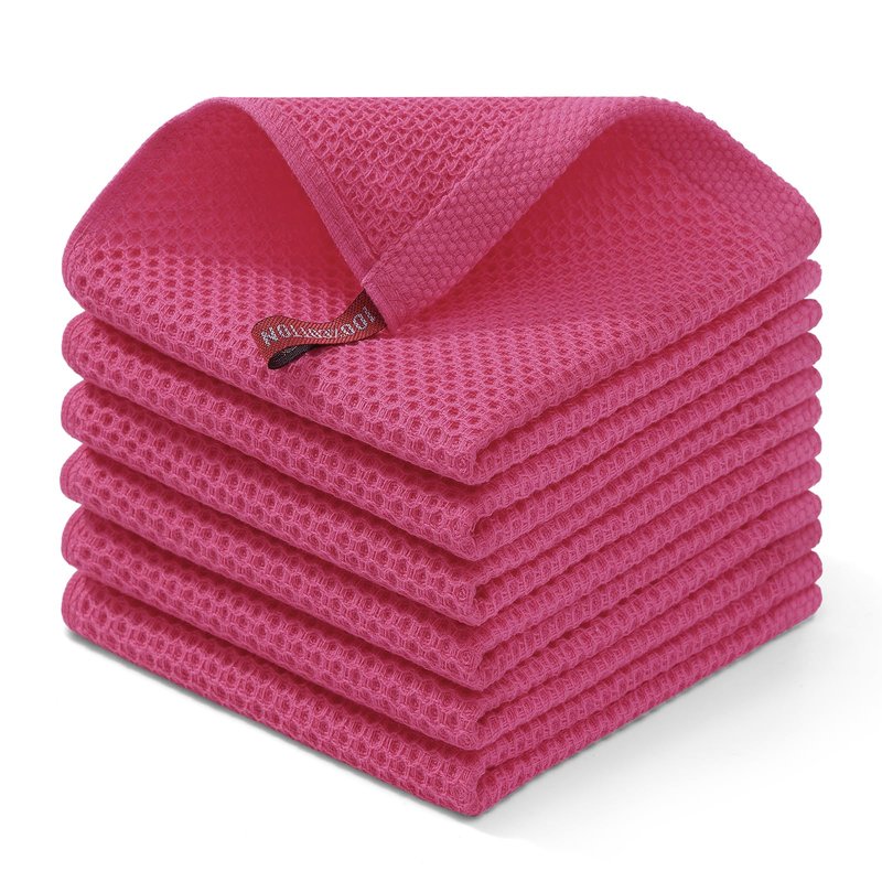 Homaxy 100% Cotton Waffle Weave Kitchen Dish Towels, Ultra Soft Absorbent Quick Drying Cleaning Towel, 13 x 28 Inches, 6-Pack, Hot Pink