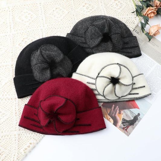 Sumolux Beanie Hats for Women Wool Skull Cap Beret Floral Cuffed French Vintage Dress Cloche Classic Winter 1920s Black Grey