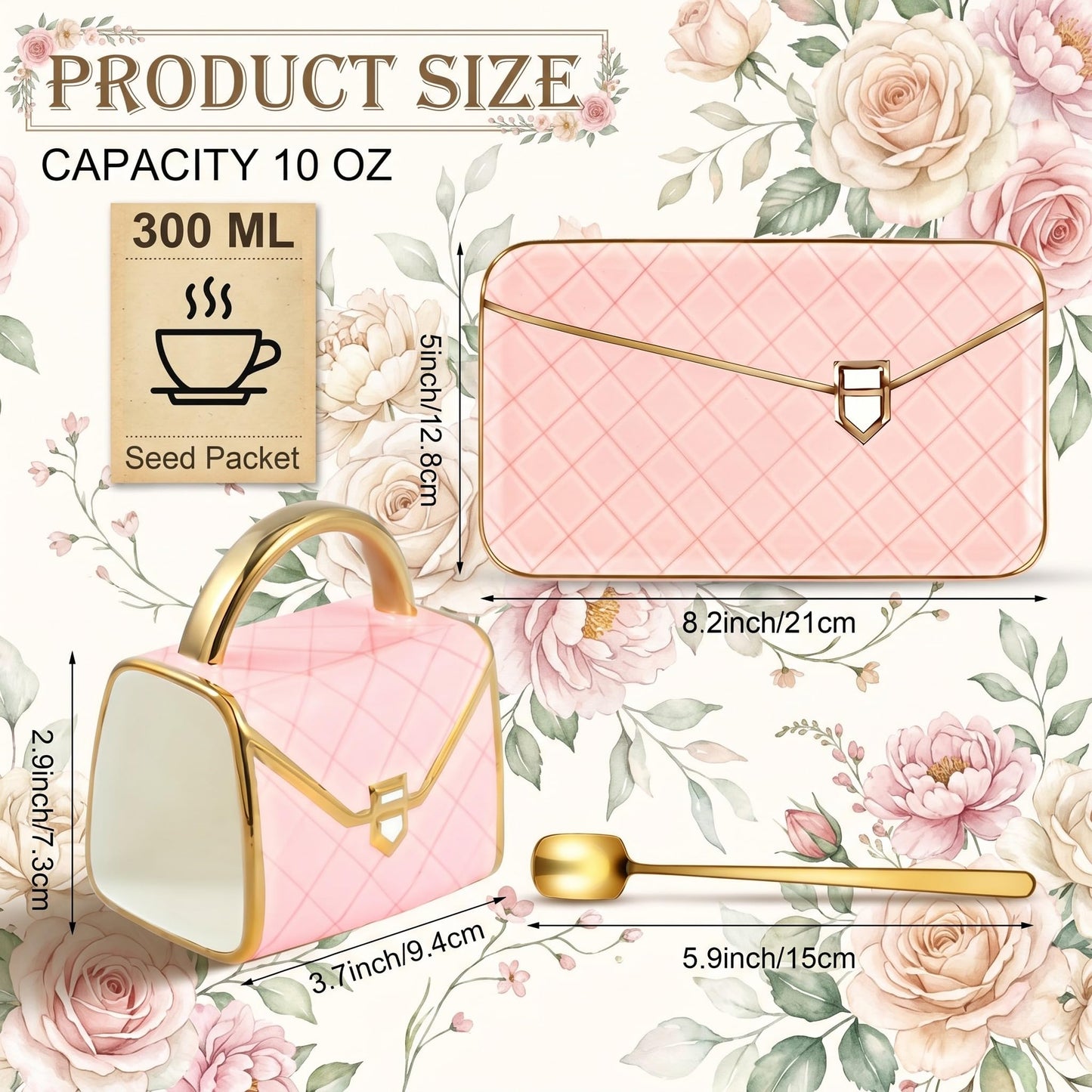 Zubebe 1 Set Coffee Mug Elegant Handbag Shaped Cup Modern Ceramic Purse Mug with Spoon and Saucer, 10oz Cute Creative Tea Cup for Woman Girls Gift (Pink)