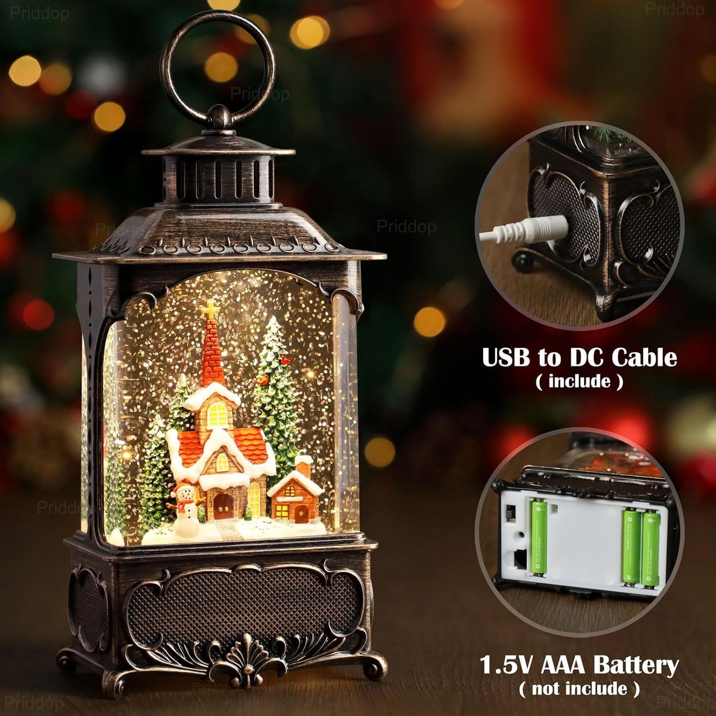 Priddop Church Snow Globe | Christmas Decorations with Snowman, Cabin & Cardinal - 10.2 Inch USB/Battery Timer