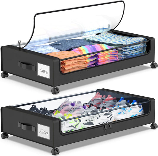 Beborxue Under Bed Storage Bins - XXL 60L Rolling Containers with Lids for Clothes & Shoes | 2-Pack (Black)