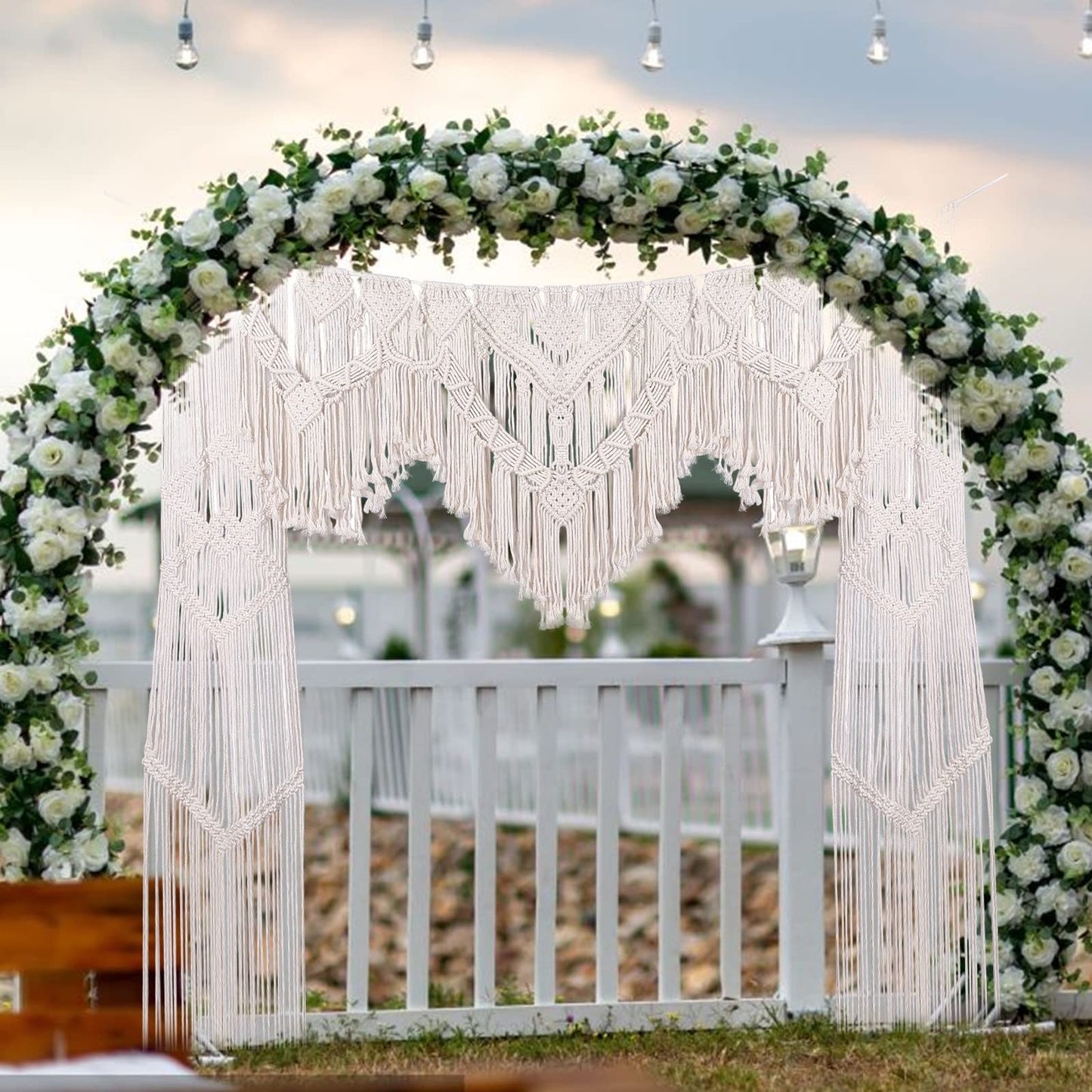 ANMINY Boho Macrame Wedding Backdrop for Arbor Arch Large Macrame Curtains Wall Hanging Handmade Window Doorway Macrame Curtains Tapestry Art Decor with Tassels 79''W x 79''L