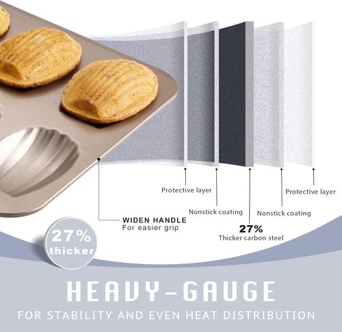 HONGBAKE Nonstick Madeleine Pan - 12-Cavity Heavy Duty Baking Tray Set | Champagne Gold Finish