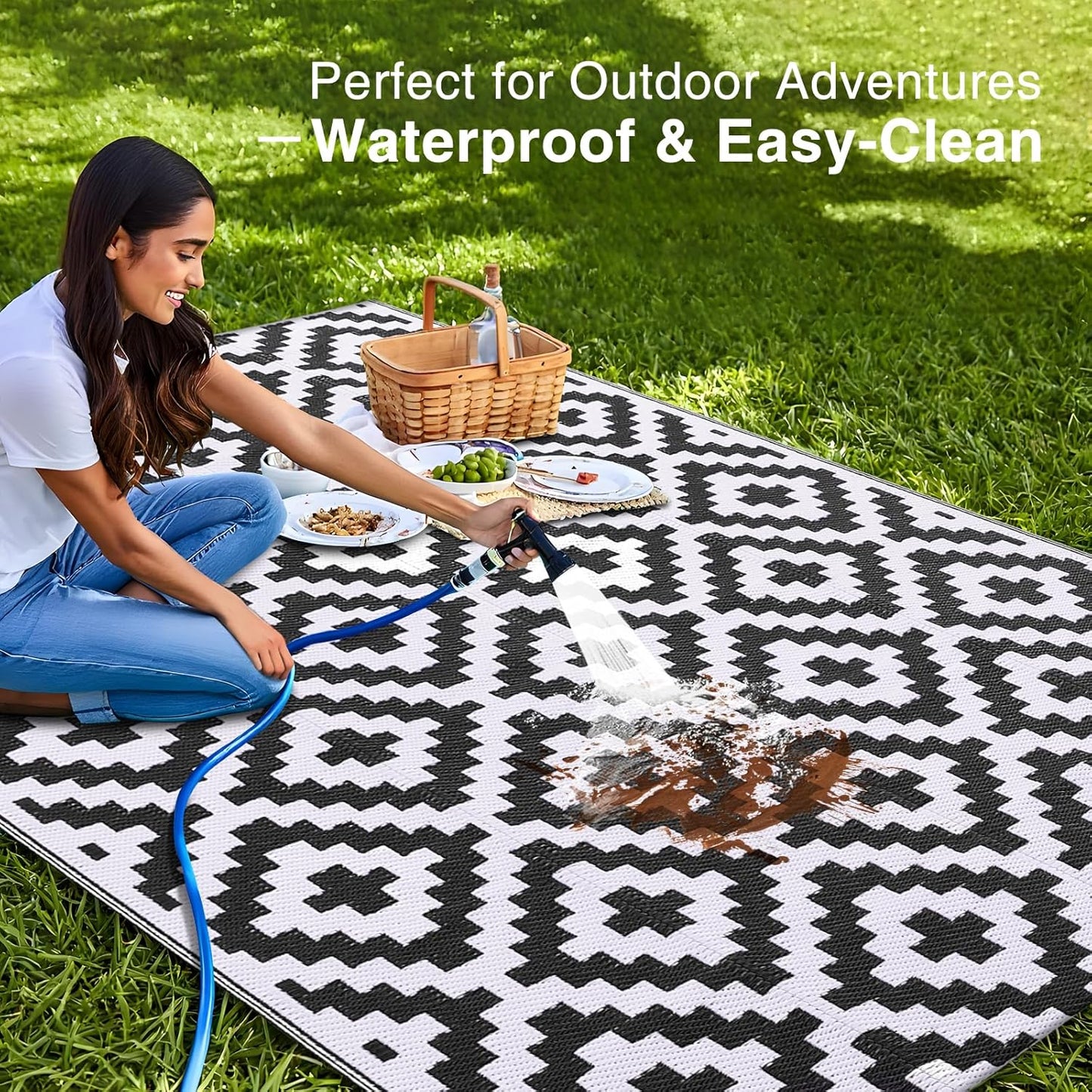 OLANLY Waterproof Outdoor Rug - Versatile 5x8 ft Plastic Straw Mat for Camping & Porch | Black & White