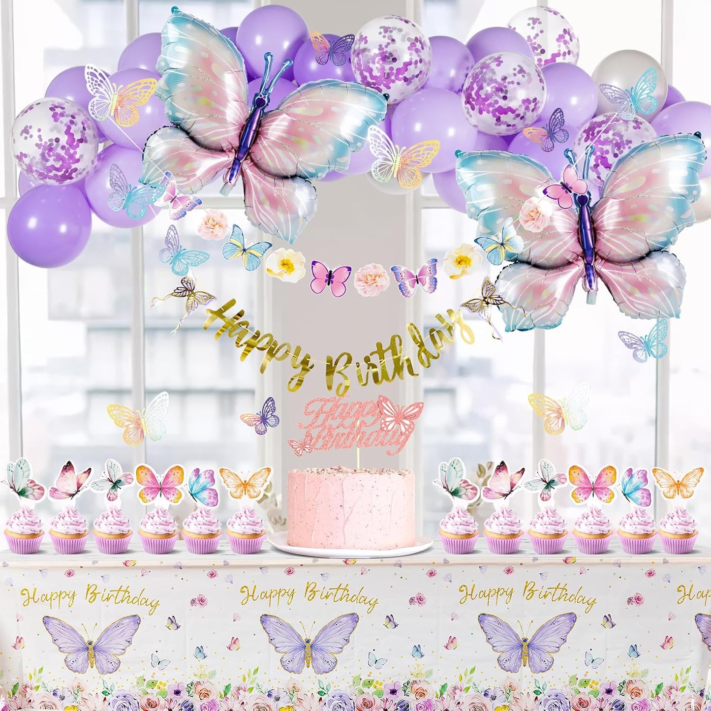 Butterfly Birthday Decoration - Purple Party Decor with Balloons & Happy Birthday Banner | 3D Stickers & Tablecloth
