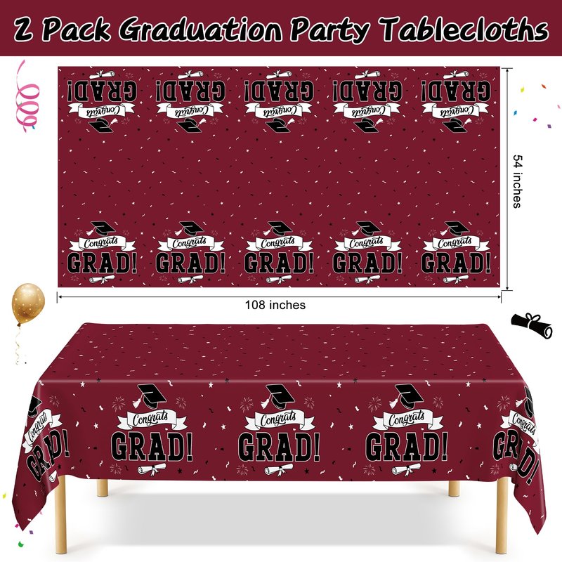 QZYL 2 PCS Graduation Decorations 2026, 108" X 54" Maroon Graduation Table Cloths, Rectangle Table Cloths for Class of 2026 Congrats Grad, Disposable Plastic Tablecover for Grad Decor Party Supplies