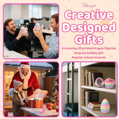 Flavery 3D Printed Dragon Egg - Rainbow - Easter Basket Stuffers, Surprise Egg with 12" Flexible Crystal Dragon Inside, Mythical 3D Printed Gift Toy, Desk Executive Pet, Figurine Decor for Birthday