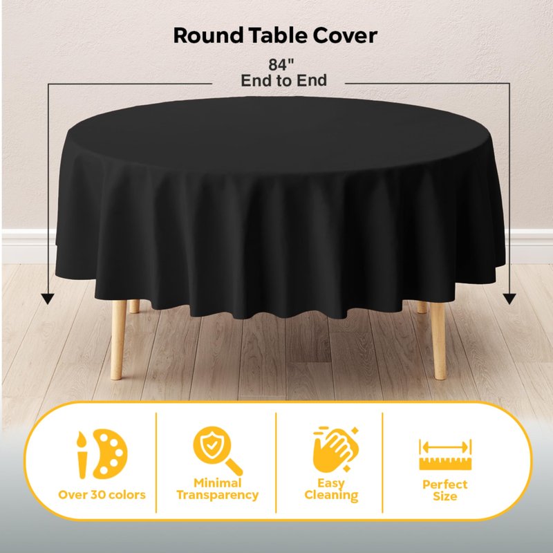 Exquisite 6-Pack Plastic Tablecloth 84 inch Round Value Pack Plastic Table Cover - Black