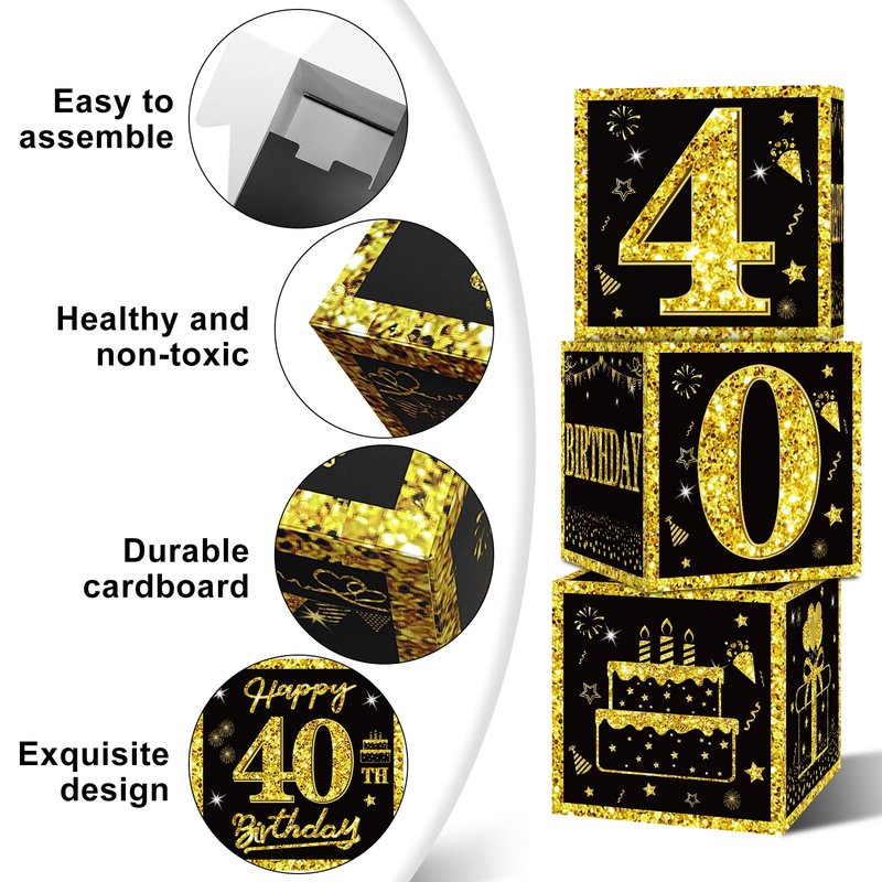 Eiurteao 3pcs 40th Birthday Decorations Boxes for Men Women, Black Gold Happy 40 Birthday Balloons Boxes Party Supplies, 40 Year Old Bday Theme Cardboard Box Decor