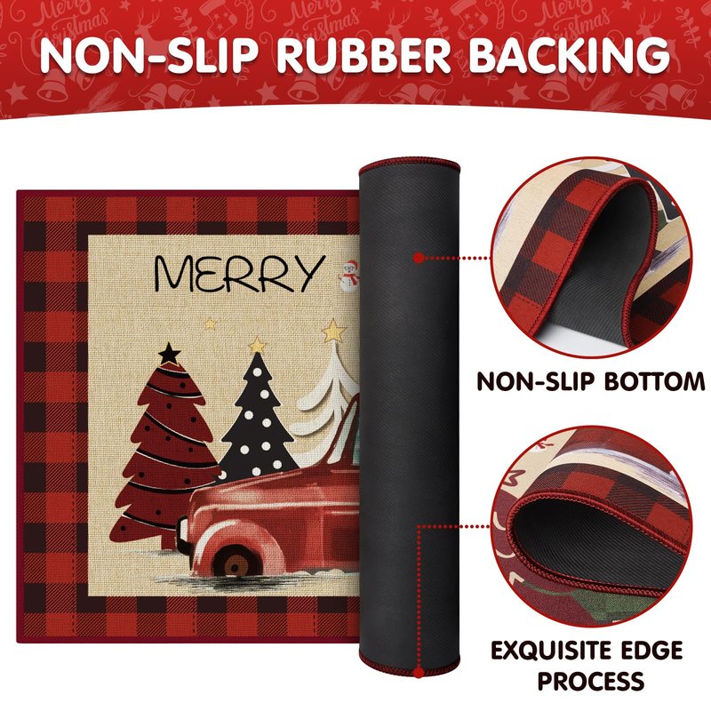 StepRite Kitchen Mats for Floor, 2 PCS Christmas Kitchen Rugs, Non-Slip Bottom with Christmas Tree Print, Low-Profile Mat for Home, Office, Sink, Kitchen,Hallway,Holiday Decor(17”x30”+17”x47”-Red)
