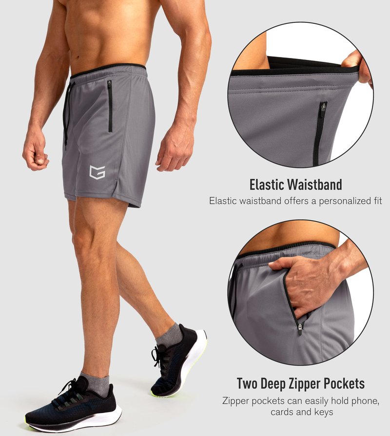 G Gradual Men's Running Shorts with Zipper Pockets Quick Dry Gym Athletic Workout 5" Shorts for Men (Grey, Large)