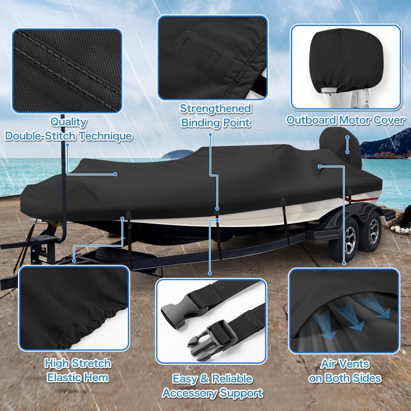 Solim Waterproof 1200D PU Boat Cover with Motor Cover, Heavy Duty Marine Grade Trailerable Polyester Canvas, Fits 20-22ft V-Hull, Runabout, Fishing, Ski Boat with Straps, Black