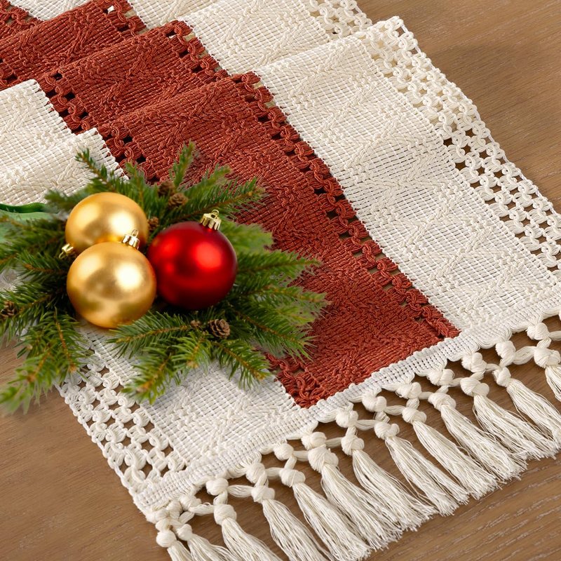 Socomi Boho Table Runner Macrame Summer Farmhouse Woven Cotton Linen Rustic Table Runner with Tassels for Dresser Scarf Home Decor Dining Room 12x90 inch Terracotta Ivory