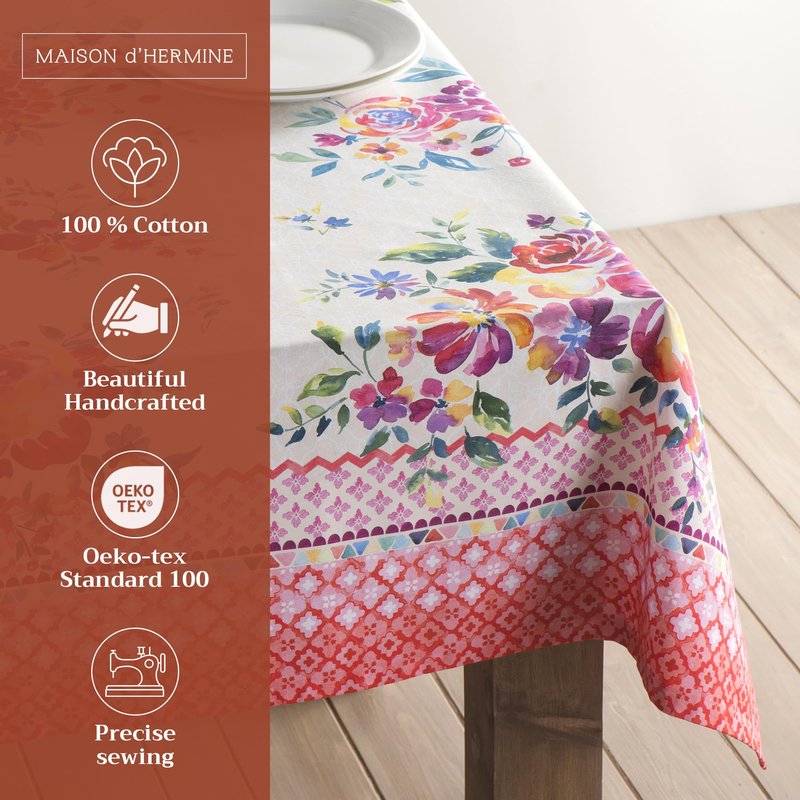Maison d' Hermine Table Cloth Rectangle Table 100% Cotton 70 x 90 Inches Tablecloth Reusable Decorative for Dining Kitchen Room Farmhouse Home Gifts for Mothers Day Spring Summer - Rose Garden